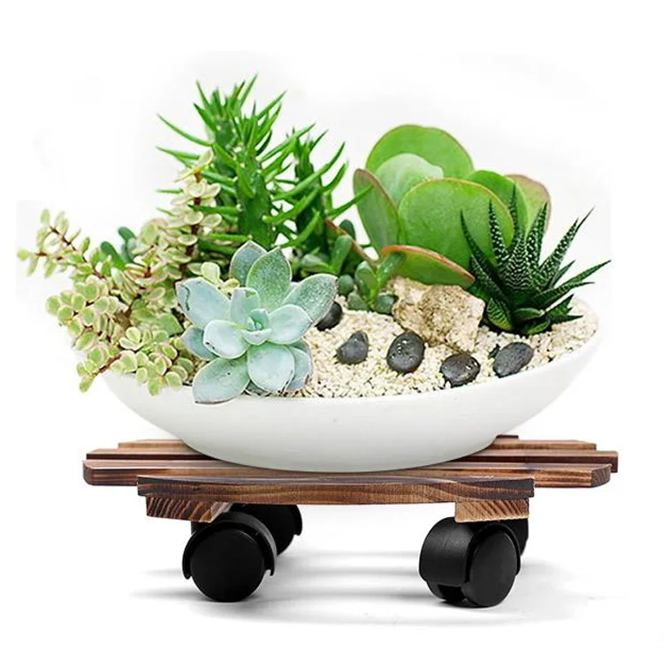 custom shape wooden plant pot tray with wheels