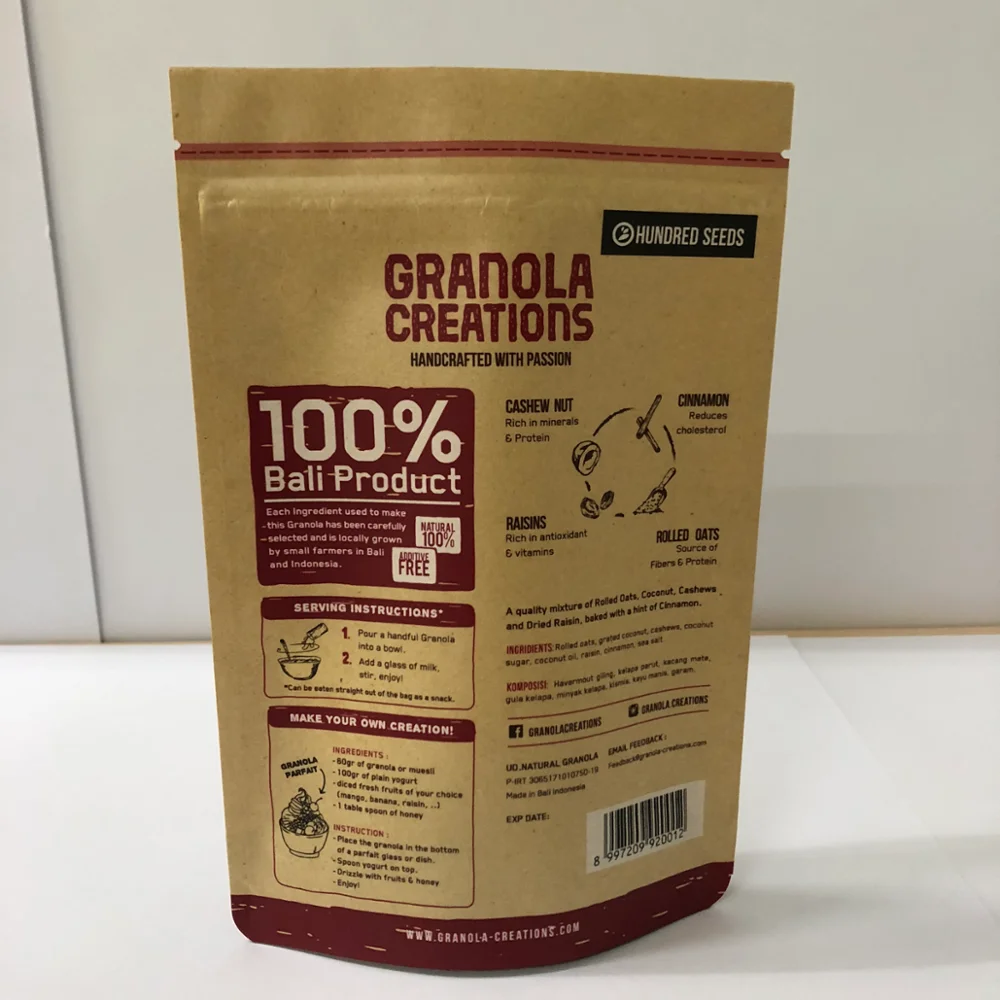 Granola Creation Seeds packaging 1.25kg 20x30+5CM Clear Brown Zip Lock Zipper Kraft Paper Bag
