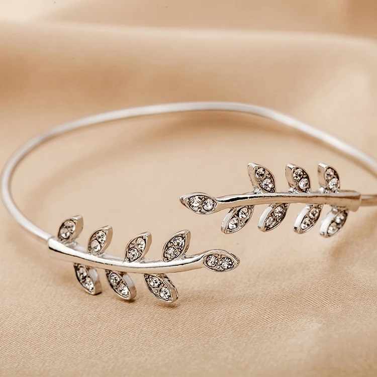 Korea Style Elegant Crystal Leaves Open Bangle Silver Gold Simple Cuff Bracelet for Women Accessories Pulseira Feminina Braslet