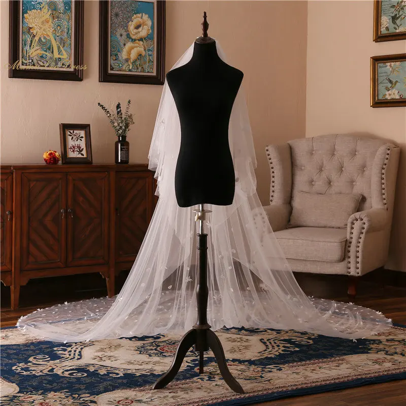 
3.5 M Tulle Two Layers Floral Small Appliques Flower Bridal Veils 2019 