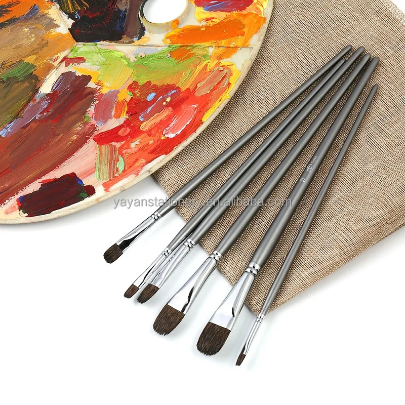 6 PCS/Set Filbert Squirrel Hair Long Wooden Handle High Grade Oil Paint Brushes set