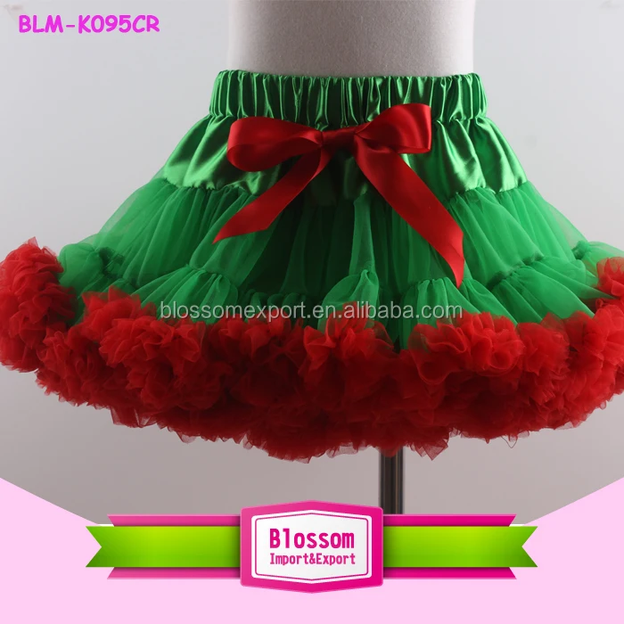 Xmas Kids Chiffon Fluffy Tulle Pettiskirt Red Christmas Baby Girls Tutu Skirt With Green Ribbon Trim