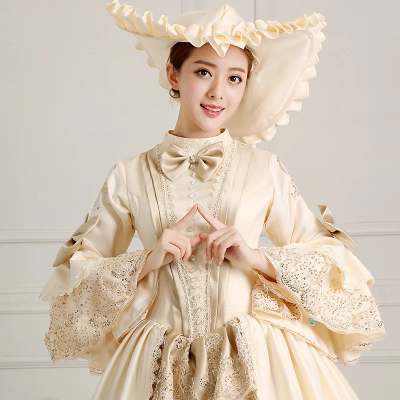 Women Champagne Elegant Lace Bow Satin Long Evening Party Dress Lolita Dress