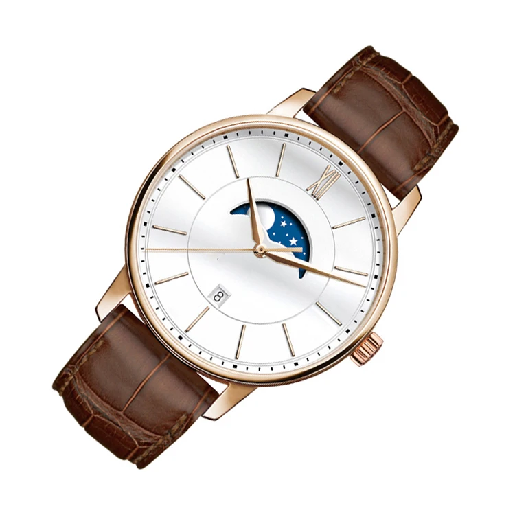 Custom Logo Elegant Stainless Steel Moon Phase Watches for Men Western Style Luxury Relojes Wrist Watch