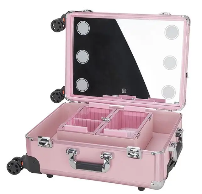 Rolling Makeup Case With Led Light Mirror Adjustable Legs Lockable Train Table Studio Artist Cosmetic