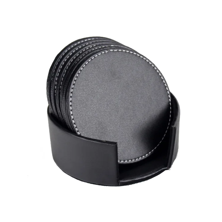 
Black color pu synthetic leather table drink coffee cup coaster set 