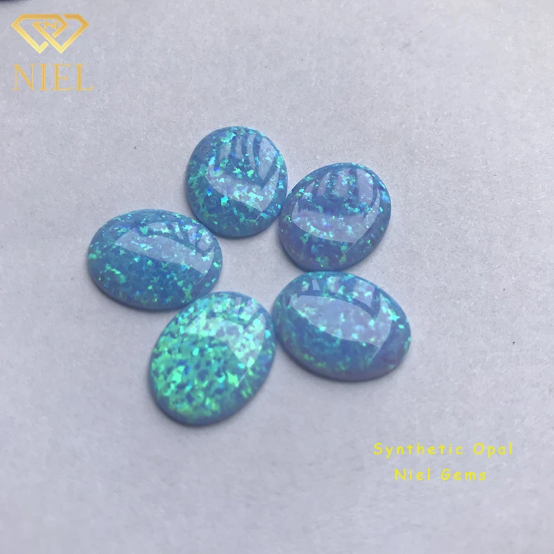 Hot sale 8x10mm synthetic fire blue opal cabochon lab created stone price per gram for necklace or bracelet