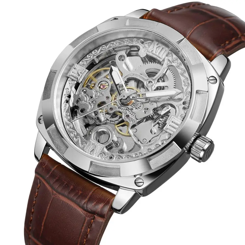 Chinese wholesaler brand FORSINING genuine leather casual custom logo watch automatic skeleton men wrist watch