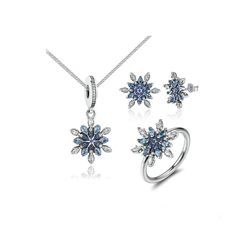 
Hot products snowflake necklace earrings pendant blue cz silver 925 set jewelry set women 