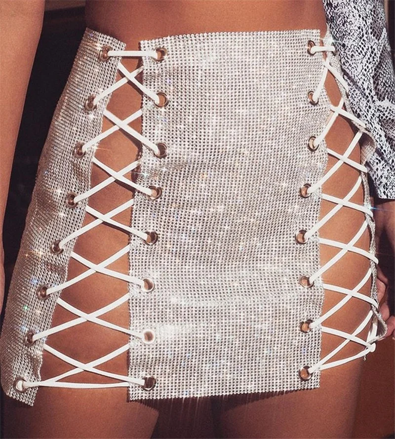 SH1028 Luxury Glitter Metal Crystal Diamonds Skirts Women Diamonds Rhinestone Lace Up Sexy Clubwear Nightclub Mini Skirt