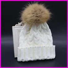 2016 Winter Autumn Fashion Women Wool Knitted Beanies Caps 100% Real Raccoon Fur Pompom Beanie Hats For Women