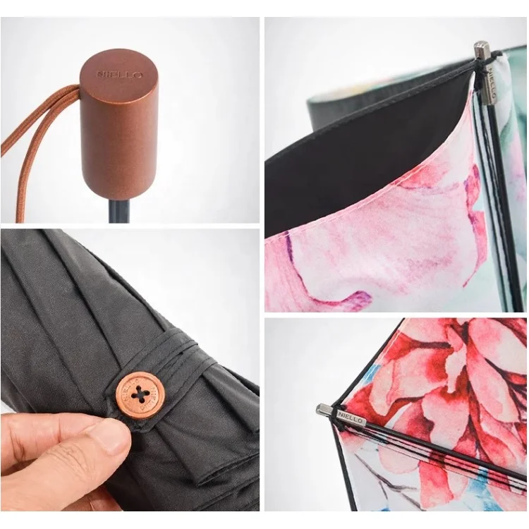 Standard size high quality anti uv 3 fold girl umbrella wooden handle umbrella