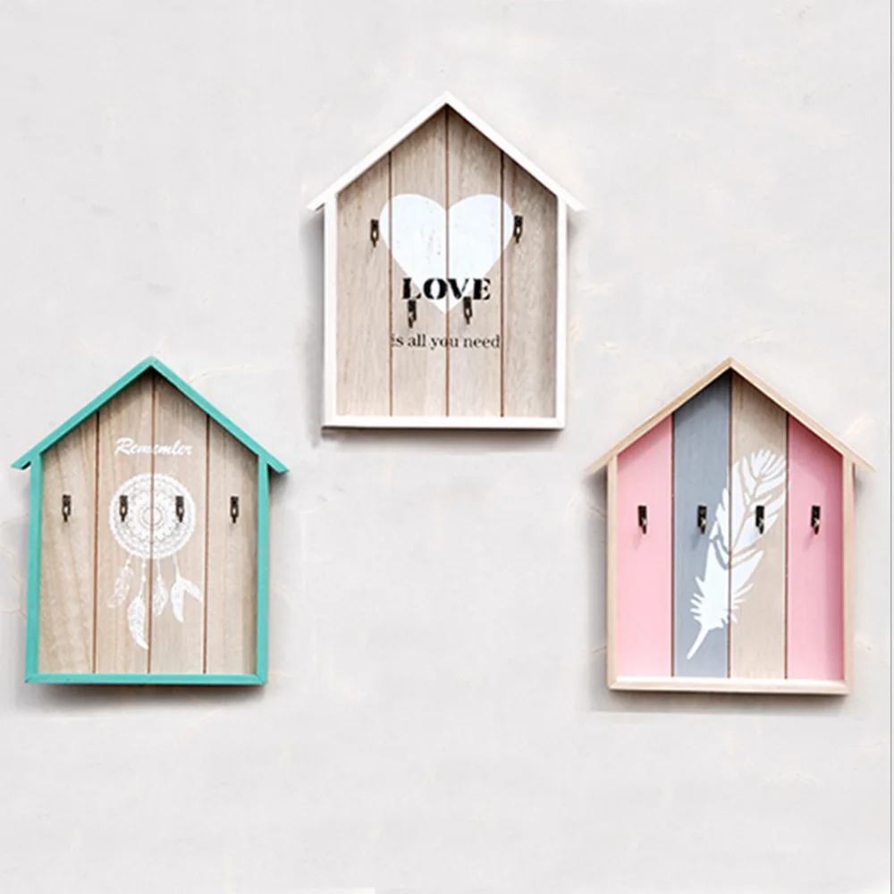 House Shape Wooden Decoration Wall Hanging Hook Key Storage Box
