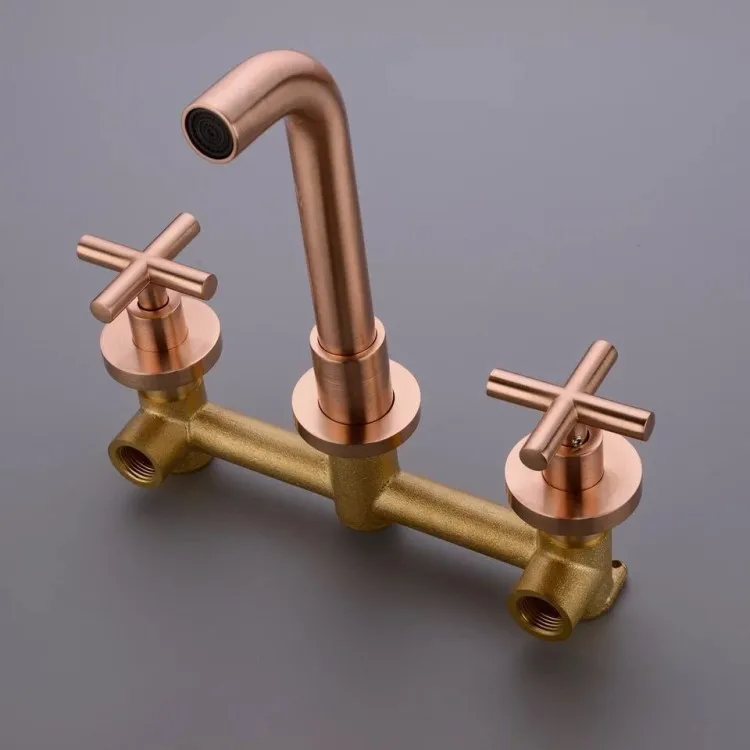 
2019 New Copper Brushed Gold Brushed Rose Gold Dark Wall-mounted Three-hole Bathroom Basin Faucet Hot and Cold Water Faucet 