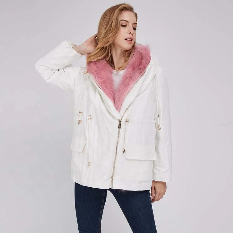 Winter Warm Ladies Real  Fox Fur Pink Lining Parka Coat with Hat