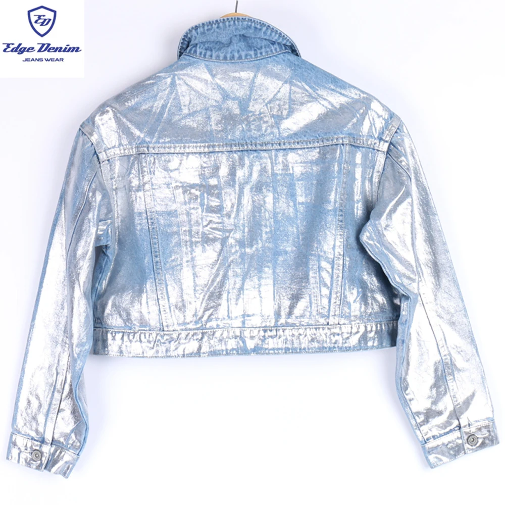 OEM Services New Stylish Shine Silver Foil Button Down Blue Short Denim Jacket For Women