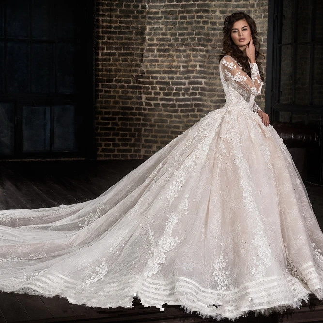 Arabic Dubai Wedding Dress Women Long Sleeve Wedding Gown Bateau Neck Bridal Dresses 2021 Ball Gown Vestidos Vestido de novia