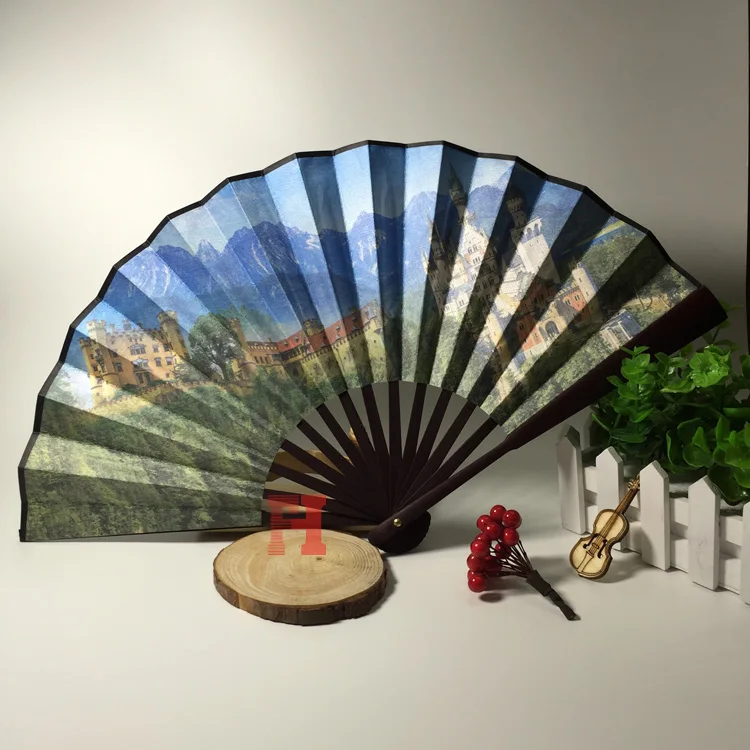 Folk Art Natural Folding Wood Paper Bamboo Fan