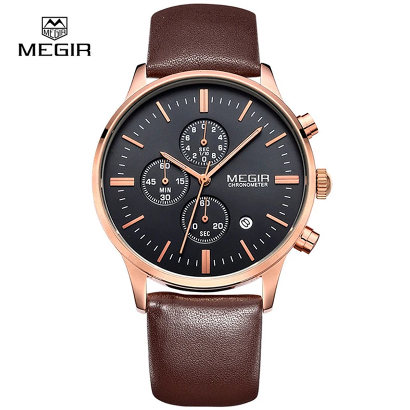 New Male Wrist Watches Business Date Chronograph Hour Clock Genuine Leather Strap Simple Quartz Men Luxury Megir 2011 Watch