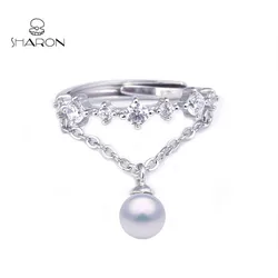 Beautiful Wholesale Women Jewelry Friendship Freshwater Hanging Pearl Sterling Silver Adjustable Ring