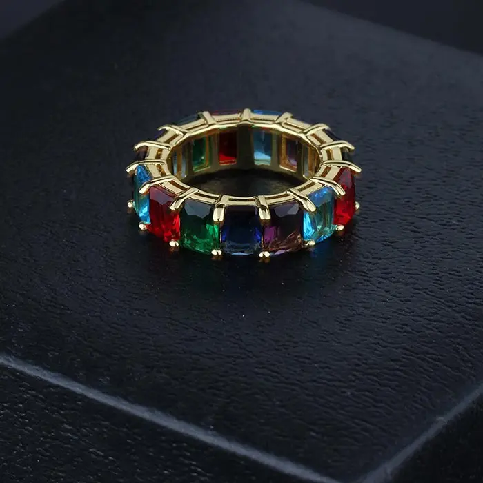 Hiphop Jewelry 18K Gold Plated Men Rainbow Baguette Ring