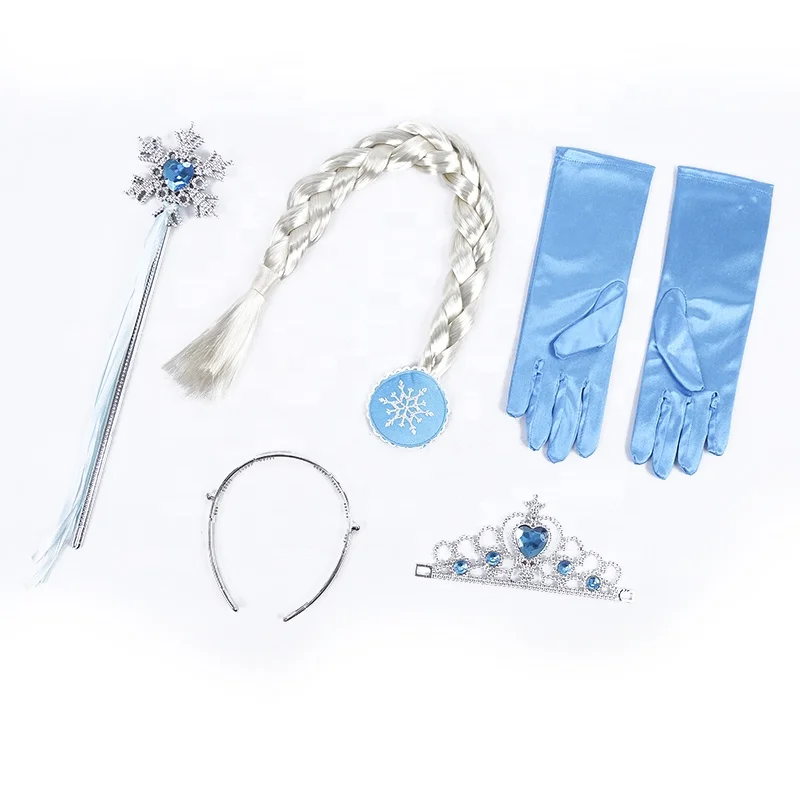 Party cosplay 4 pieces fashion frozen elsa queen magic wand Elsa crown tiara snow wig with printed gloves sets