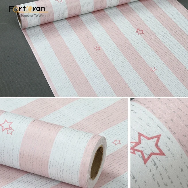 Blue/pink star striped adhesive embossed pvc wallpaper