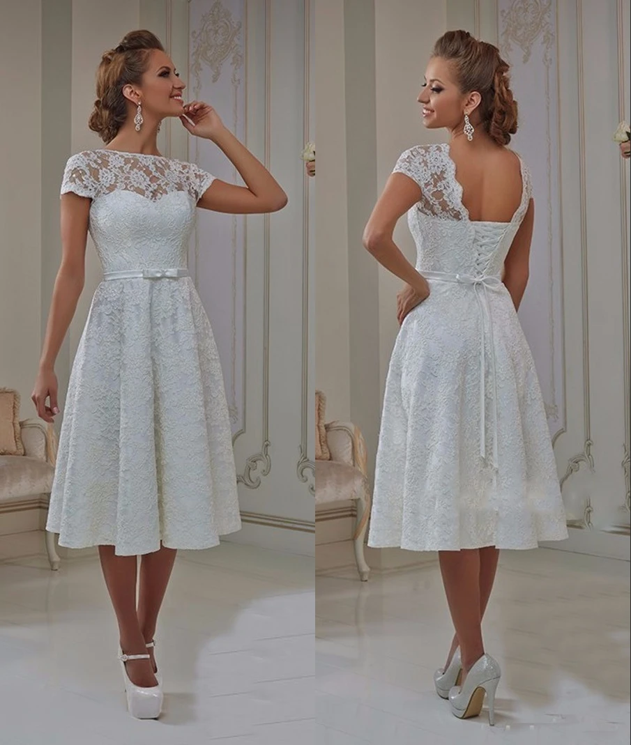 Vintage Lace Tea Length Short Wedding Dresses 2019 With Cap