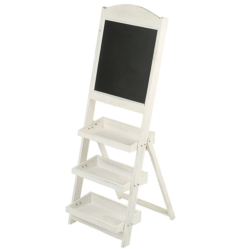 Vintage White Freestanding Wooden Blackboard Easel with 3 Display Shelves