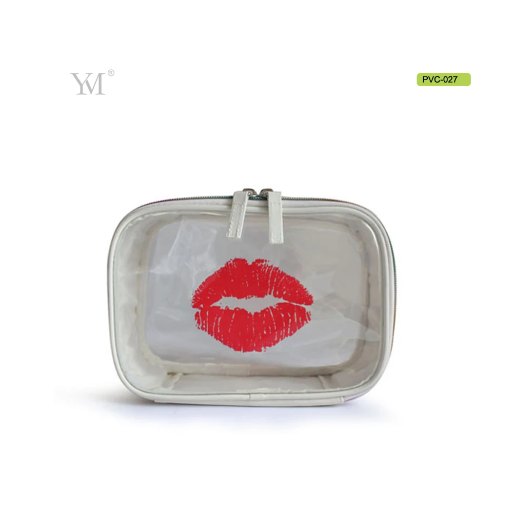Luxury waterproof cosmetic packaging pouch oem zipper transparent pvc makeup bag with lips printed