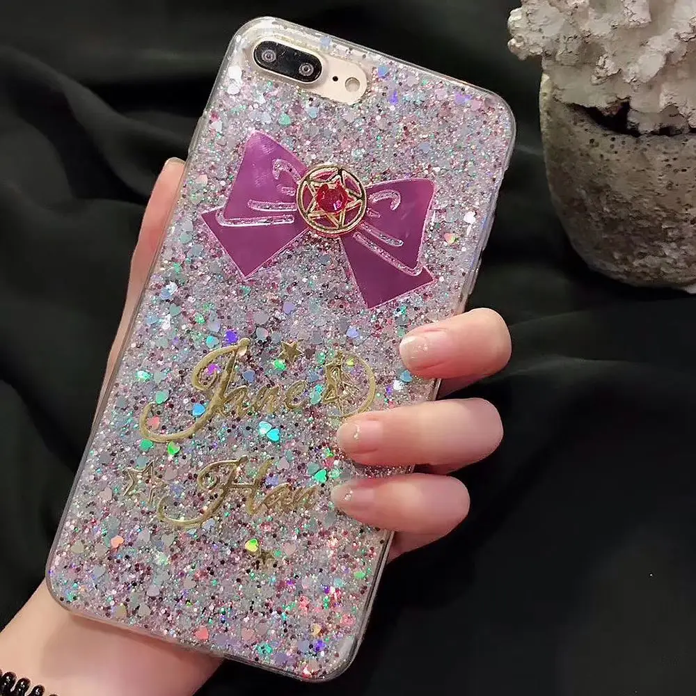 New Cute Cartoon Sailor Moon Case For iPhone 7 plus 6 6s plus Comics Paillette 3D Flash Powder Glitter Back Funda Cover Coque