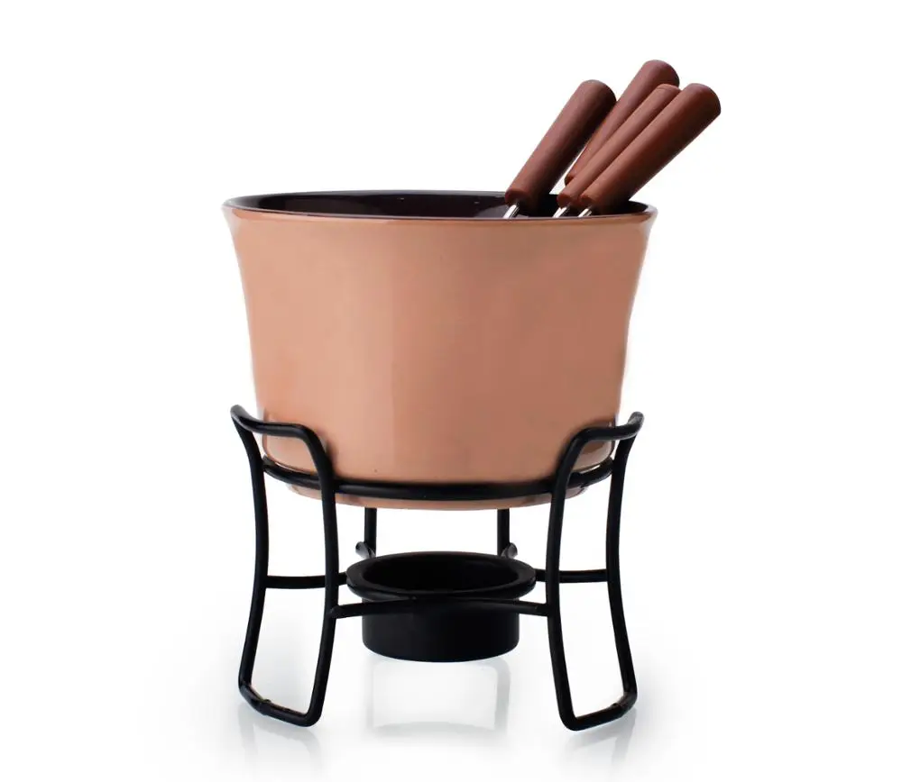 Unique Products Mini Ceramic Fondue Set Seramic Bowl With Stainless Steel Stand and Candle Cup and 4pcs Forksand Metal Tray