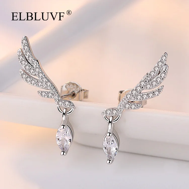 
ELBLUVF Free Shipping Copper Alloy 925 Silver Plated Eye Shape Zircon Feather Angel decorations Dangle Earrings Jewelry 