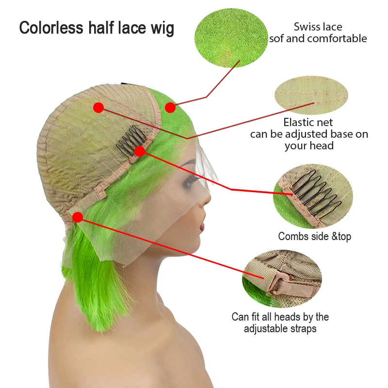 
Moreinhair free shipping 100% human hair fluorescent green Bob wig bleached knots 