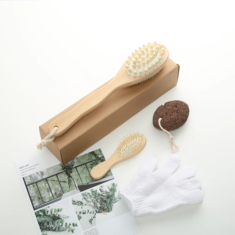 Wooden bath brush nylon gloves foot pumice stone bath gift set