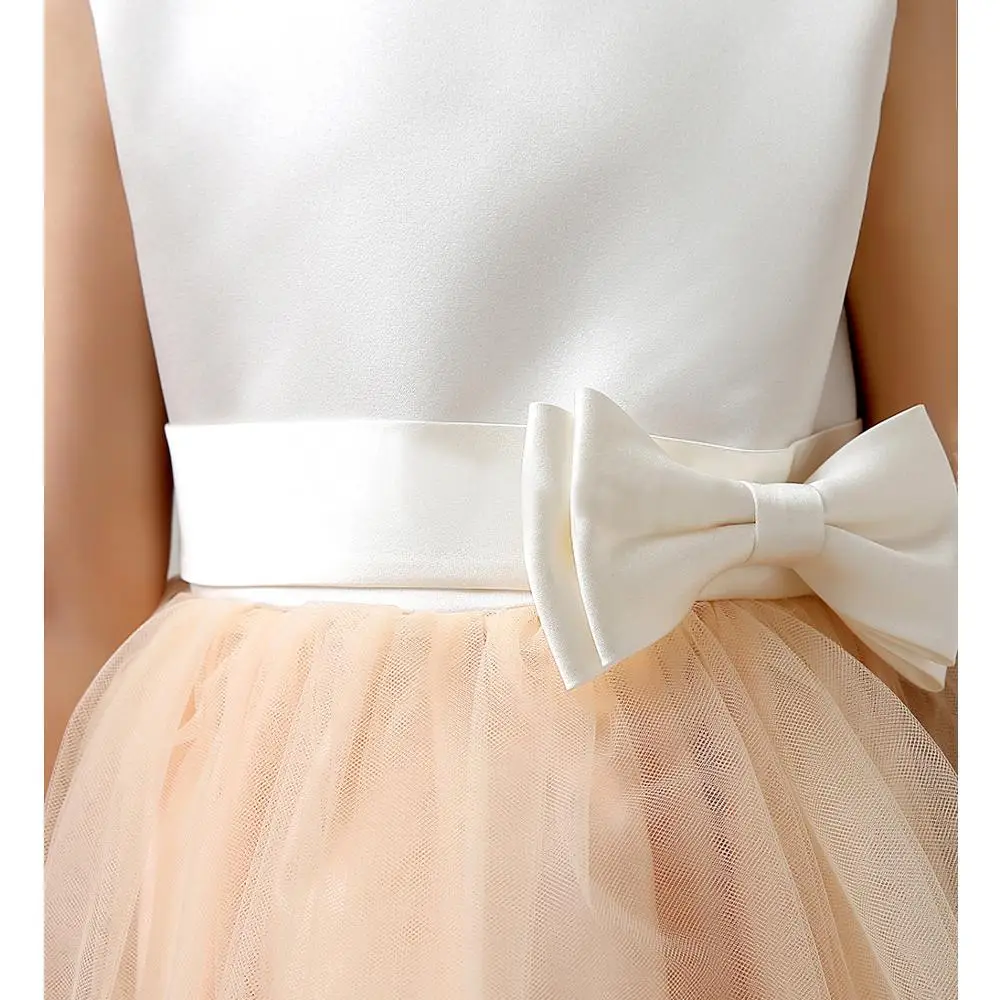 Cheap Flower Girl Dress With Ribbon Belt Mesh Ployster Tiered Girls Evening Prom Dress First Communion Gown