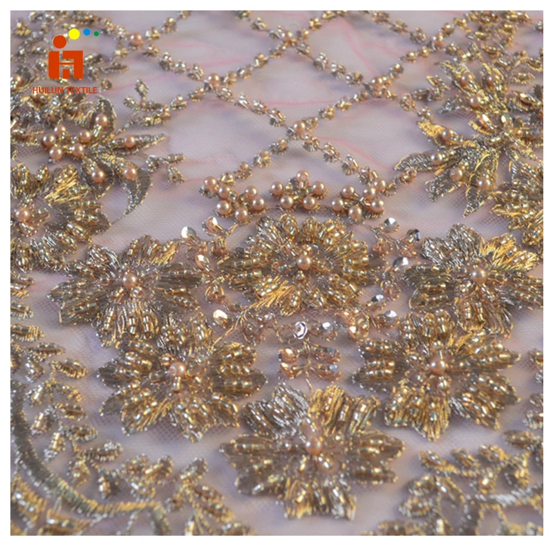 HLSD184# recycled polyester hand beaded mesh tulle sequin bead embroidery lace fabric
