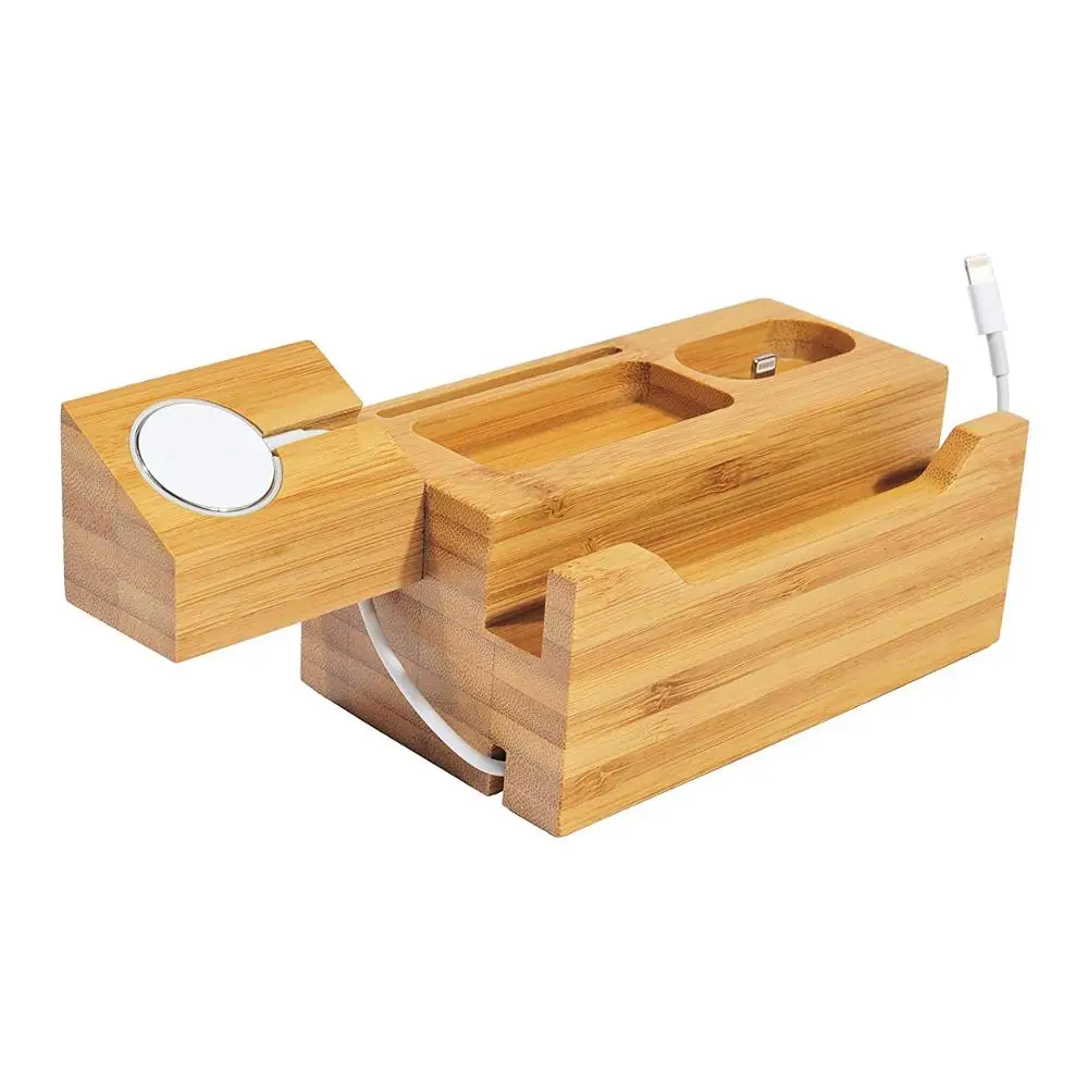 Bamboo Wood USB Charging Station Desk Stand Charger 3 USB Ports Charger Stand for Phone Watch Earbud With Cable Store Design