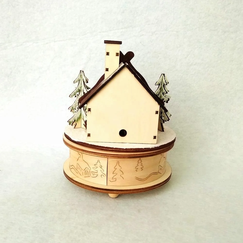 Wood craft snowman mechanical music boxes with smoking house