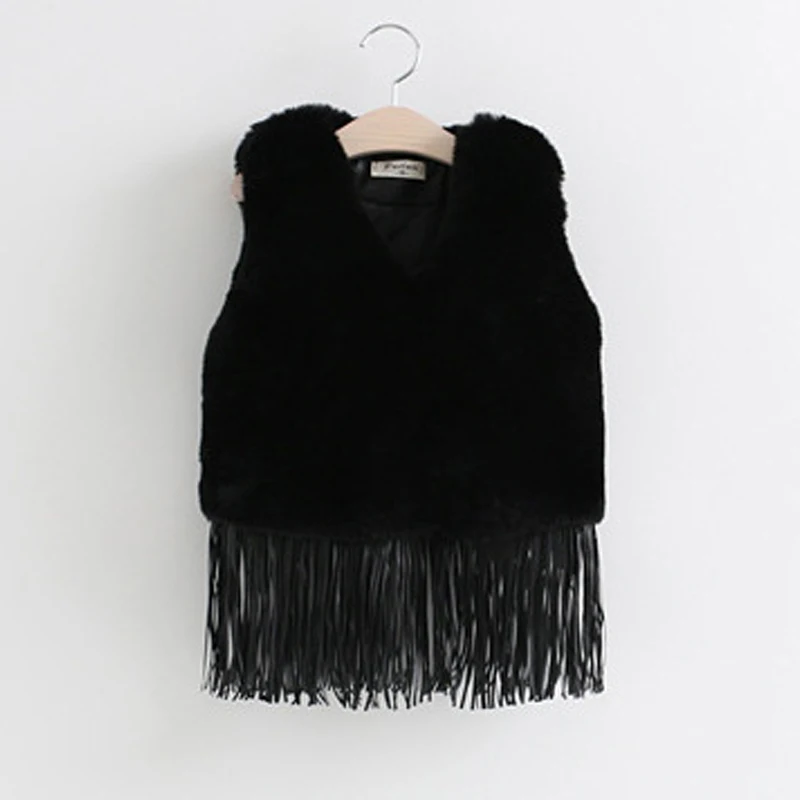 
Black fake rabbit fur vest for children cute fur gilet with tassel 