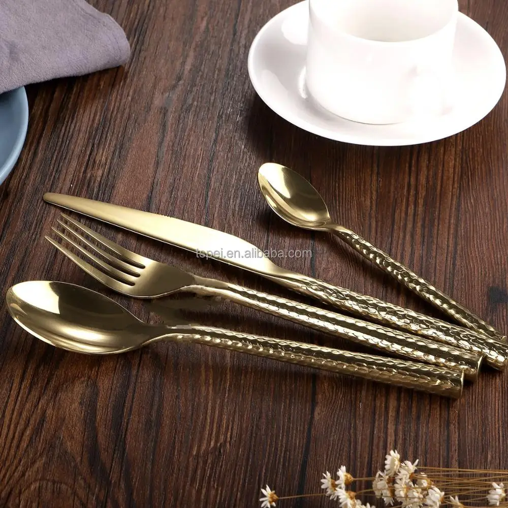 
Flatware Stainless steel 4 piece gold plating hammer cutlery with round handle Set Restaurant home wedding party Dinnerware set 