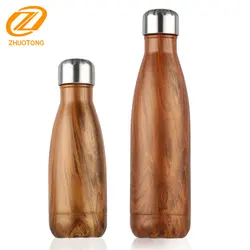 Stainless steel cola shape wooden grain pattern insulated outdoor water bottle