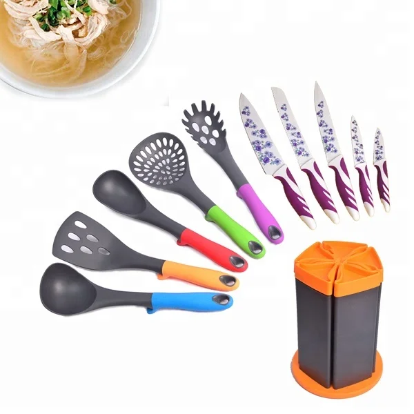 11 Piece Colorful Kitchen Knife and Nylon Cooking Utensil Set With Rotating Stand l China Factory Kitchenware
