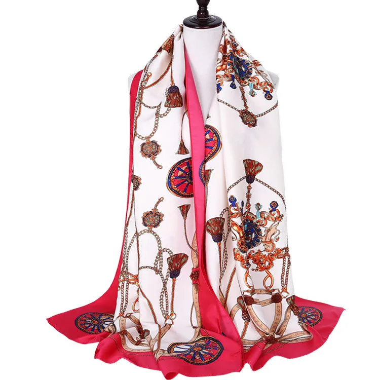 New fashion silk scarf custom red and green chain pattern printed scarves sunscreen shawl for women