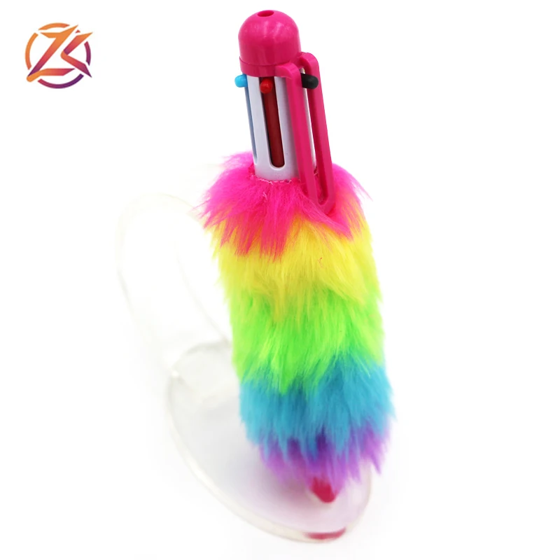 Short fat fluffy pom pom pen multicolor 6 color rainbow ballpoint pen with colorful rainbow barrel