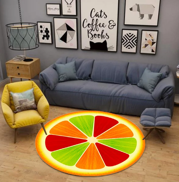 Creative Fruit Rug Kids Cartoon Colorful Unique Washable Polypropylene Woven Round Picnic Play Carpet Rug