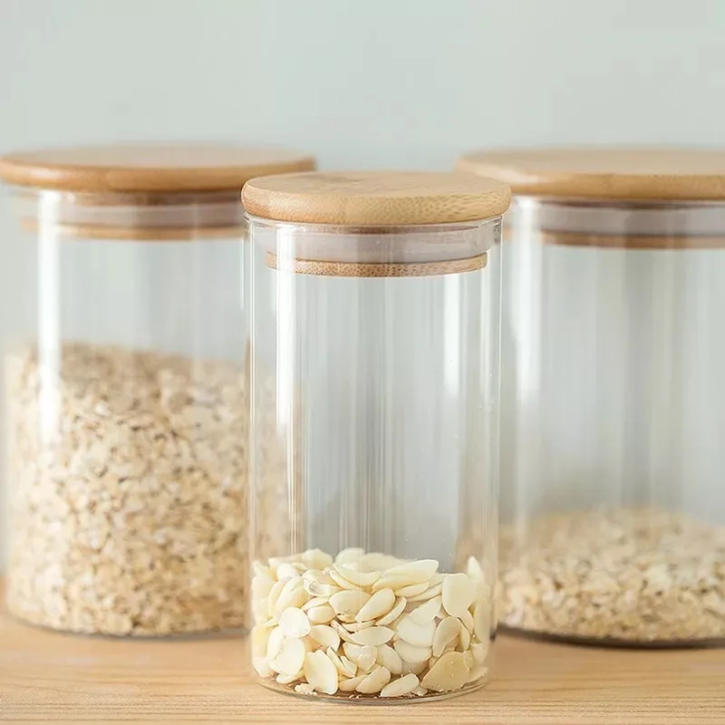 Small clear candy glass canisters with sealing ring,glass jar with bamboo lid GSJ-074Z