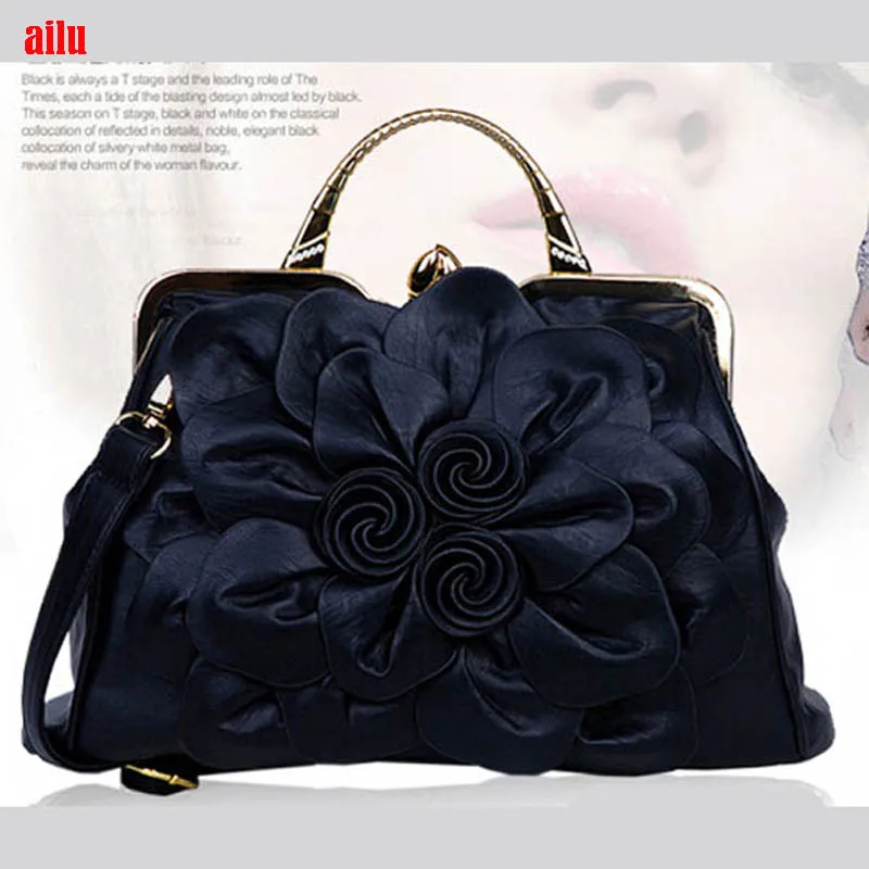 Classic large flower rose leather ladies handbag, office lady leather handbag
