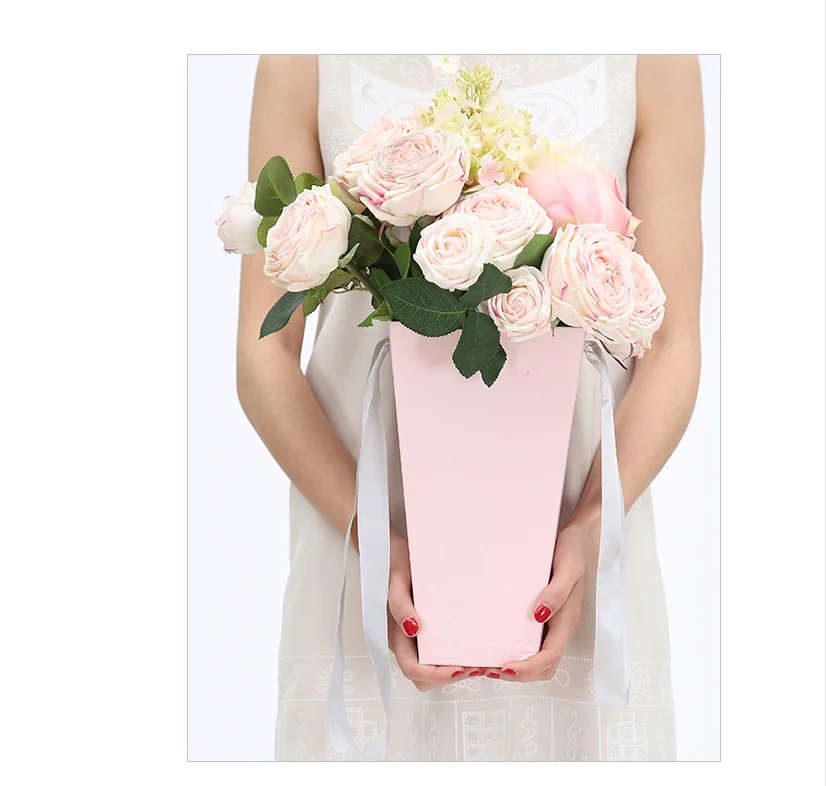 Fresh Flower Square Rose Decorative Tall Packing Square Cone Packaging Bag With Twist Ribbon Handle