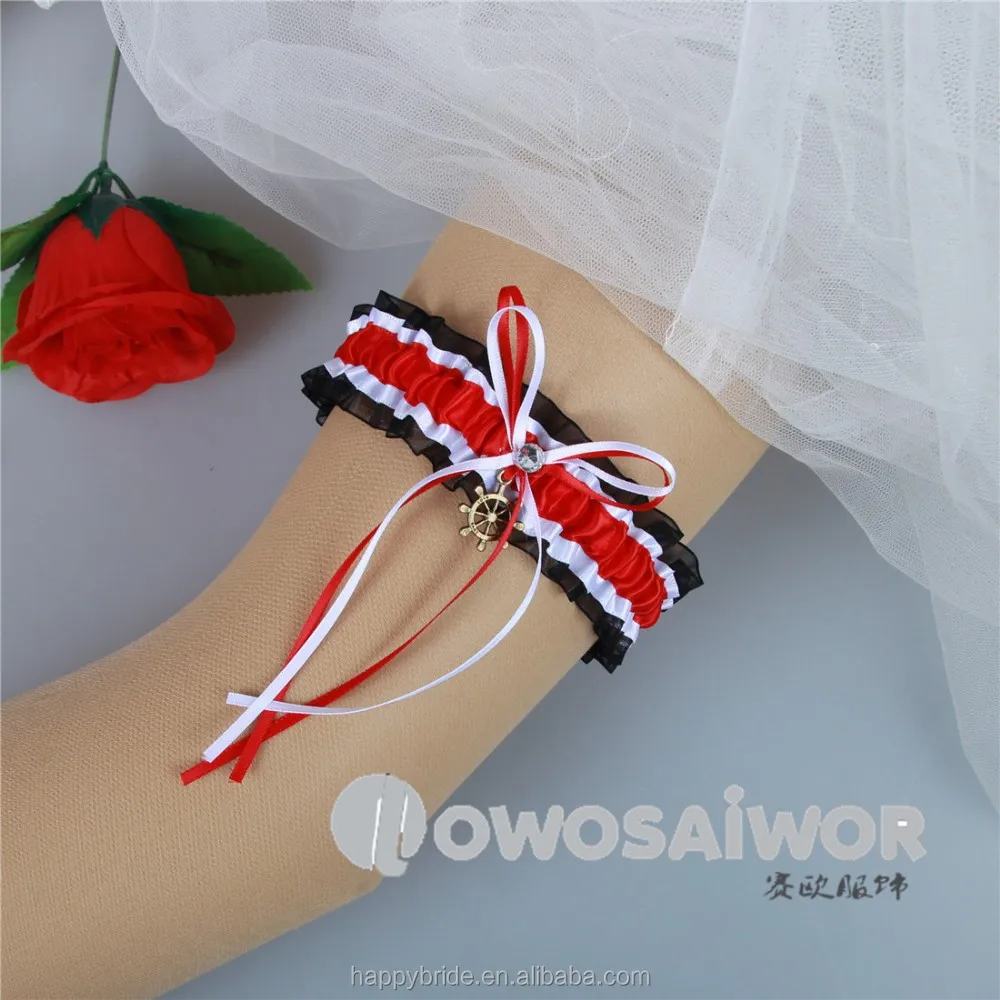 Набор эластичных свадебных поясов для чулок из органзы с красной лентой и черной тесьмой HT0057